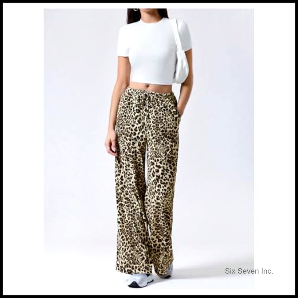 Drawstring Waist Leopard Print Trousers Tie Front Wide Leg Pants - Picture 3 of 5
